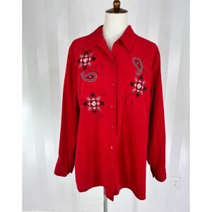 ALLISON & CO Women’s Red Embroidered Button Up Top Sz L